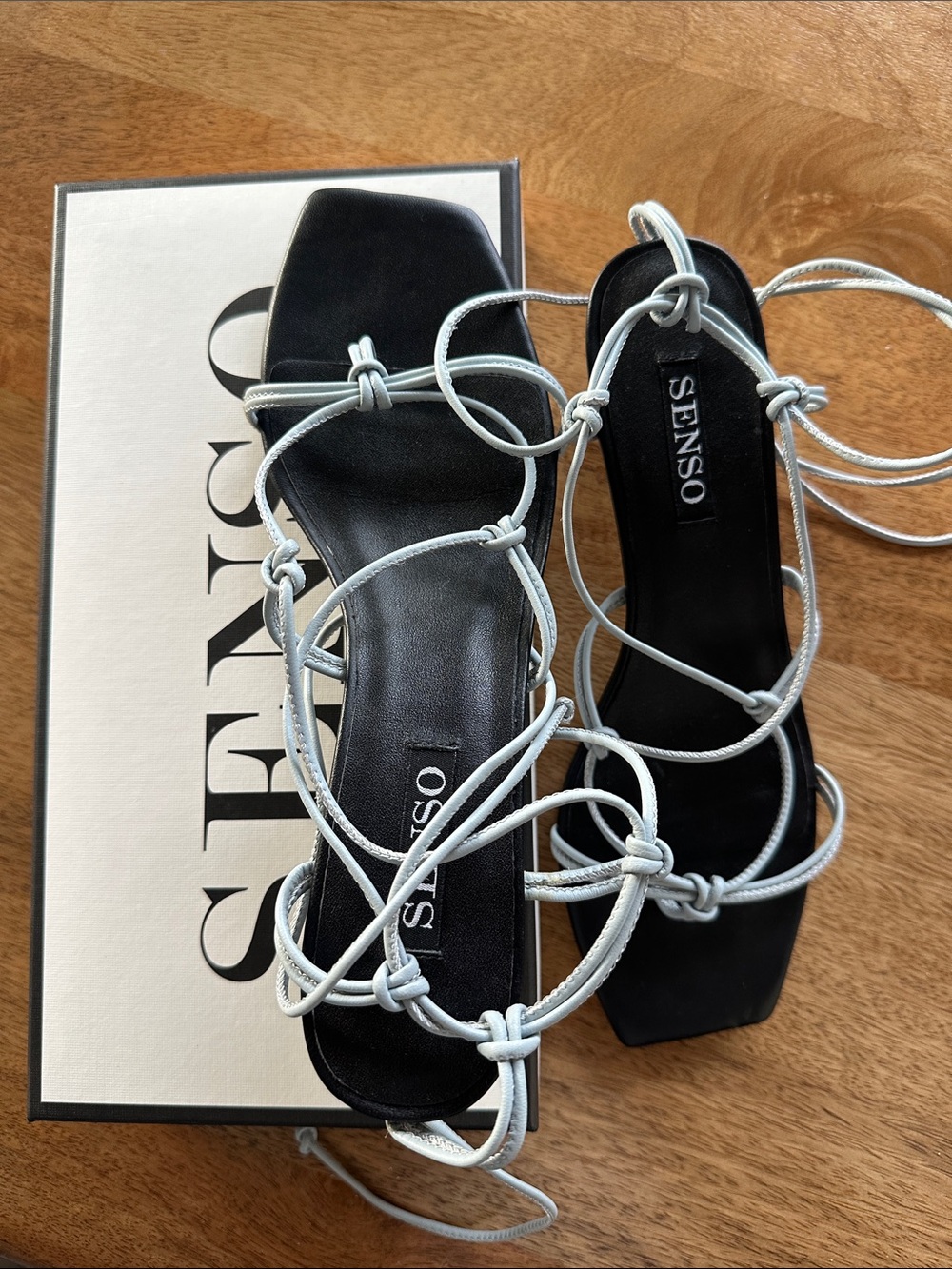 SENSO Black Footbed with Light Blue Lace-Up Heeled Sandals